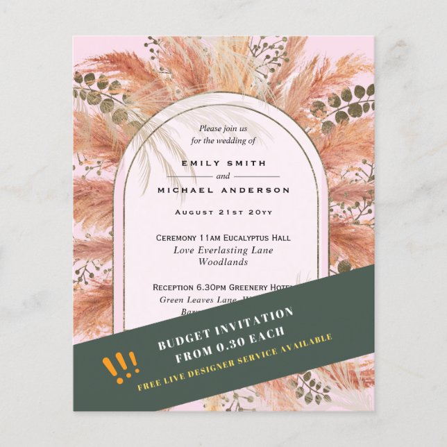 BUDGET Pampas Grass Terracotta Rosa Wedding bjudan Flygblad (Framsidan)