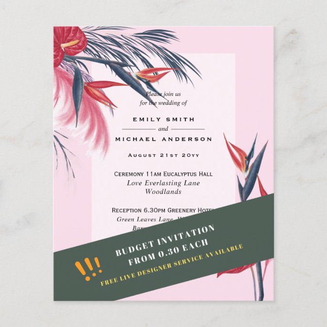 BUDGET Pampas Grass Tropical Rosa Wedding bjudande Flygblad (Framsidan)