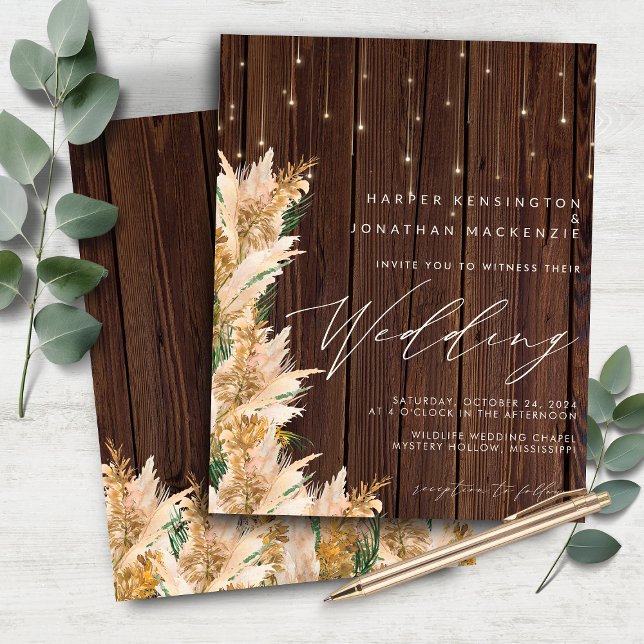 BUDGET Pampas Grass Wood Twinkle Ljus Bröllop (BUDGET Pampas Grass Wood Twinkle Lights Wedding Invitation)