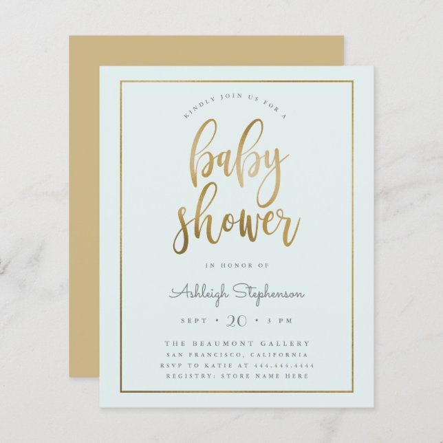 Budget Pastel Blue Guld Typography Boy Shower (Fram/baksida)