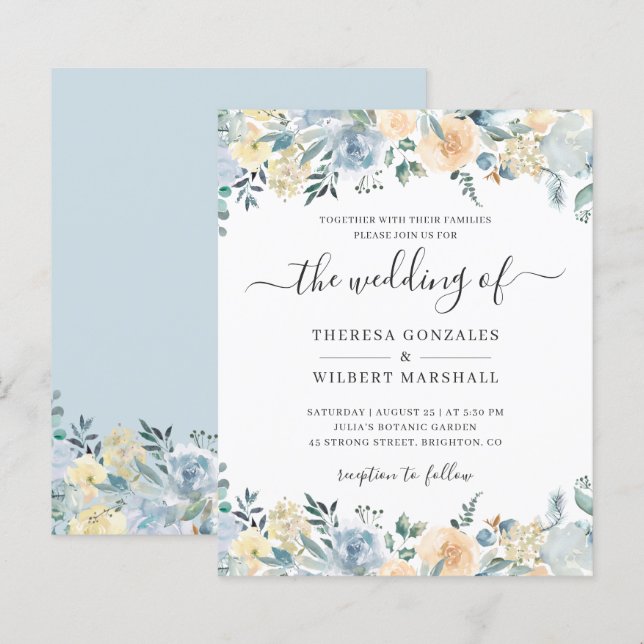 Budget Pastel Dusty Blue Wedding bjudande (Fram/baksida)