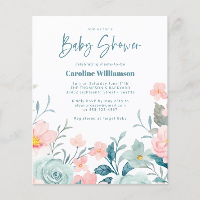 Budget Pastel Teal Rosa Blommigt Baby Shower Inbju (Framsida)