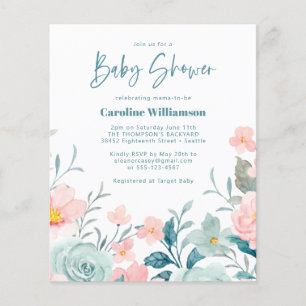 Budget Pastel Teal Rosa Blommigt Baby Shower Inbju