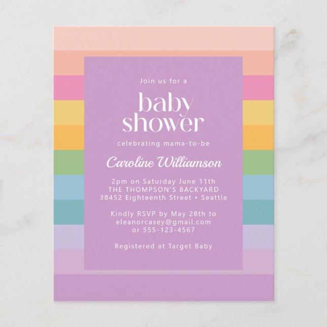 Budget Pastell Randig Regnbåge Lila Baby Shower (Framsida)