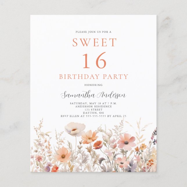 Budget Peach Blommigt Sweet 16 Birthday-inbjudan Flygblad (Framsidan)