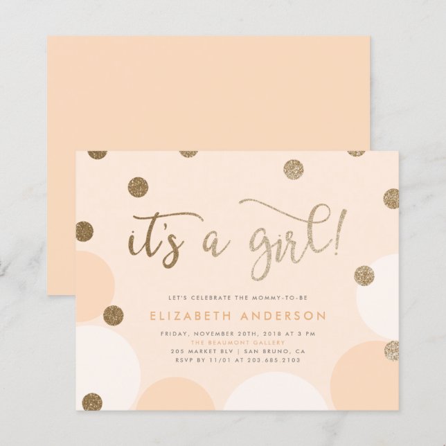 Budget Peach & Guld Confetti Girl Baby Shower (Fram/baksida)