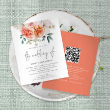 Budget Peach Peonies Blommigt QR Code Wedding bjud