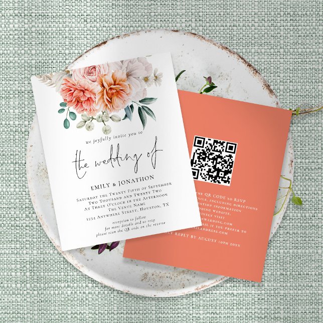 Budget Peach Peonies Blommigt QR Code Wedding bjud (Skapare uppladdad)