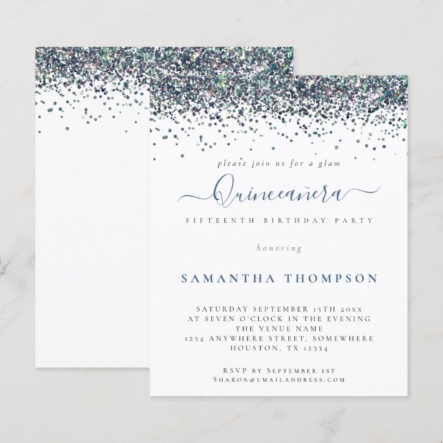 Budget Peacock Blue Glitter Quinceañera-inbjudan (Fram/baksida)