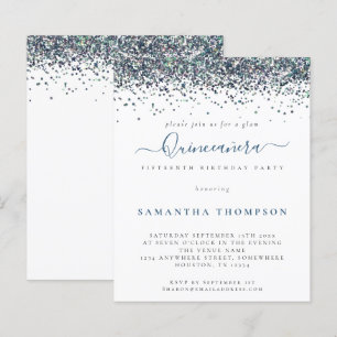 Budget Peacock Blue Glitter Quinceañera-inbjudan