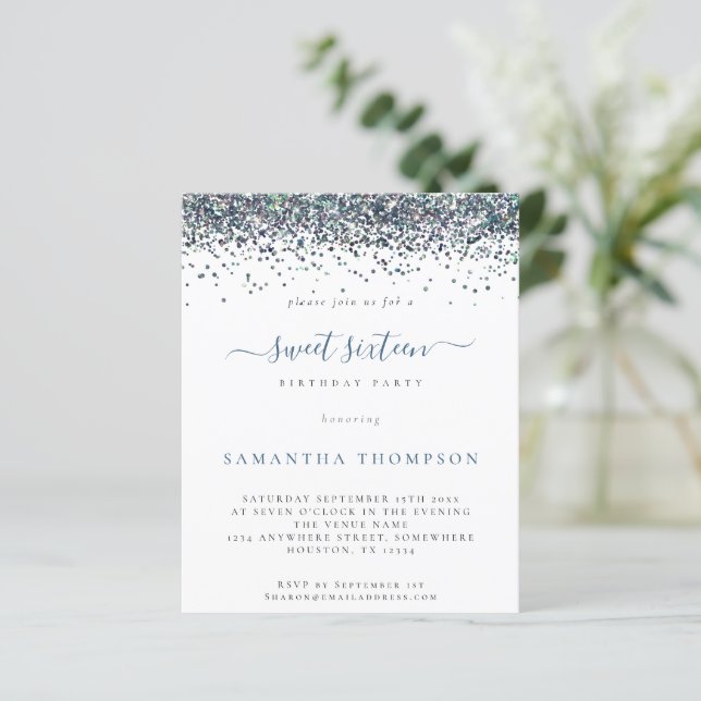 Budget Peacock Blue Glitter Sweet 16-inbjudan (Stående Fram)