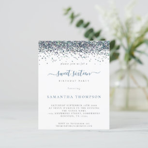 Budget Peacock Blue Glitter Sweet 16-inbjudan