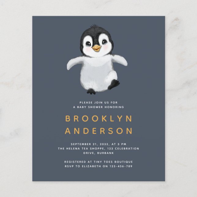 BUDGET Penguin Baby Shower-inbjudan (Framsida)