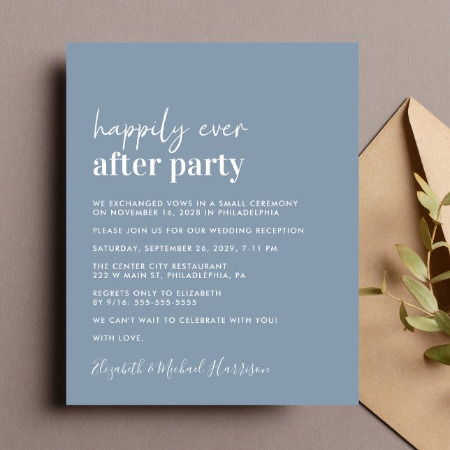 Budget Photo Dusty Blue Wedding Reception Inbjudan (A chic budget-friendly Happily Ever After Party invitation for your wedding celebration)