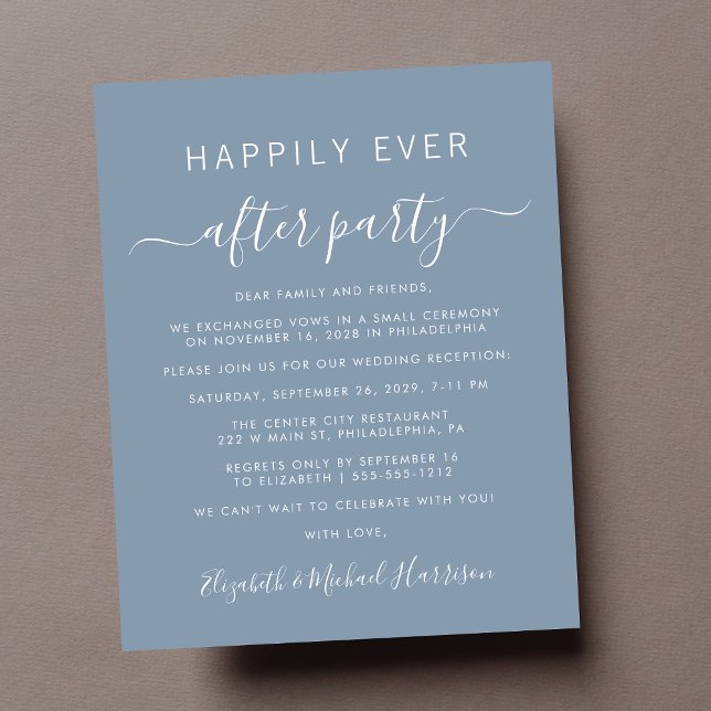 Budget Photo Dusty Blue Wedding Reception Inbjudan (A chic budget-friendly Happily Ever After Party invitation for your wedding celebration)