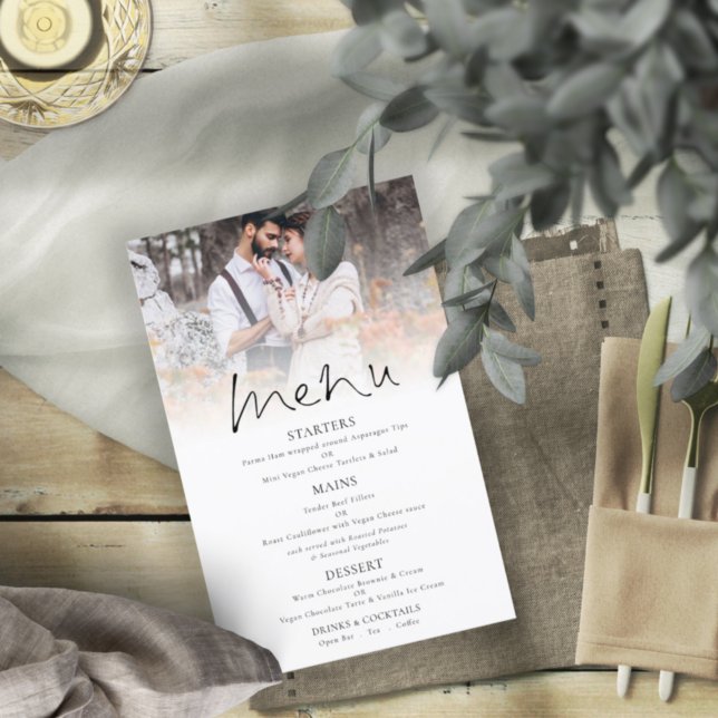 Budget Photo Elegant Script Wedding Menu (Budget price alternative in larger size. Part of a large matching collection)