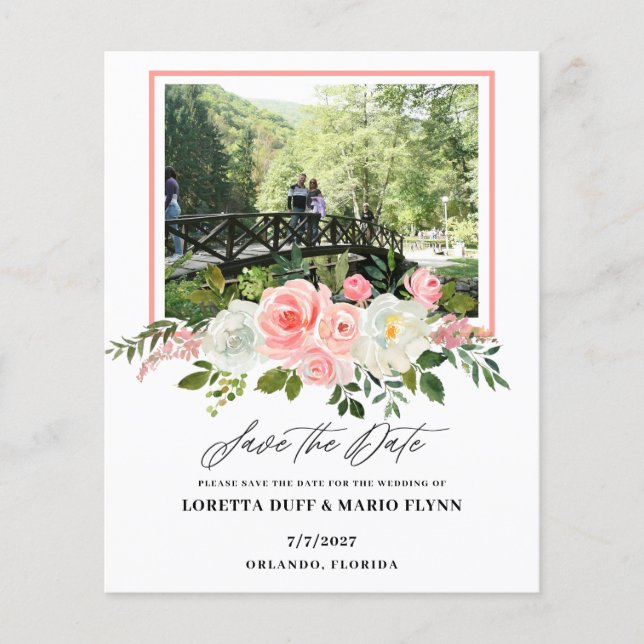 Budget Photo Pink floral Wedding Save the Date (Framsida)