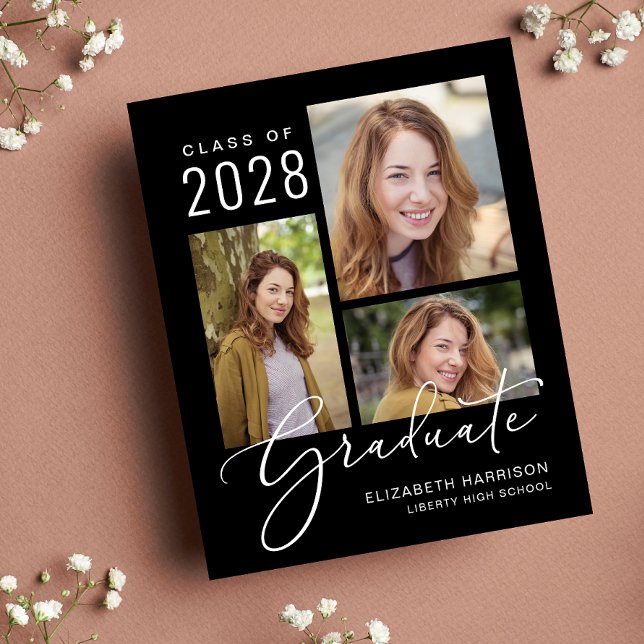 Budget Photo Script Black Studenten-meddelande (An elegant photo collage graduation announcement to celebrate the graduate's achievements)