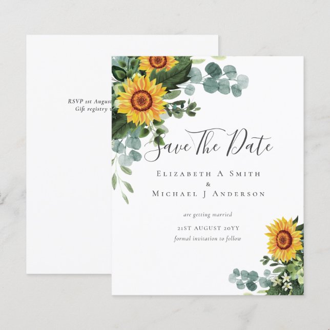 BUDGET Photo Spara Date Rustic SUNFLOWERS Greenery (Fram/baksida)