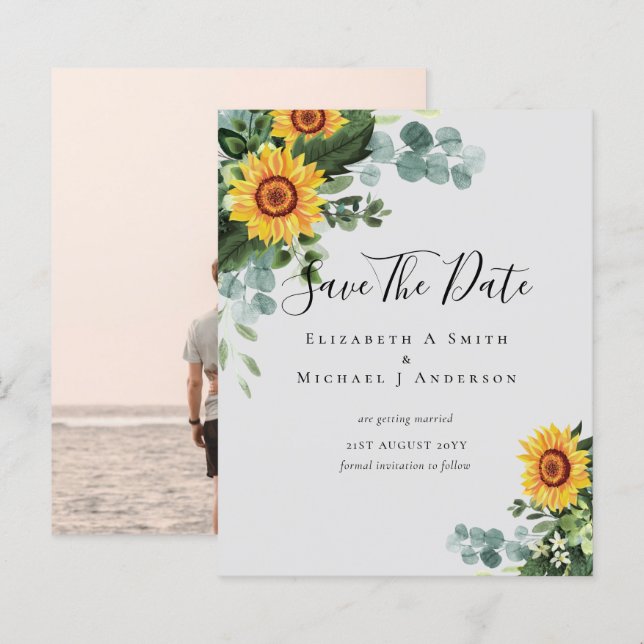 BUDGET Photo Spara Date Rustic SUNFLOWERS Greenery (Fram/baksida)