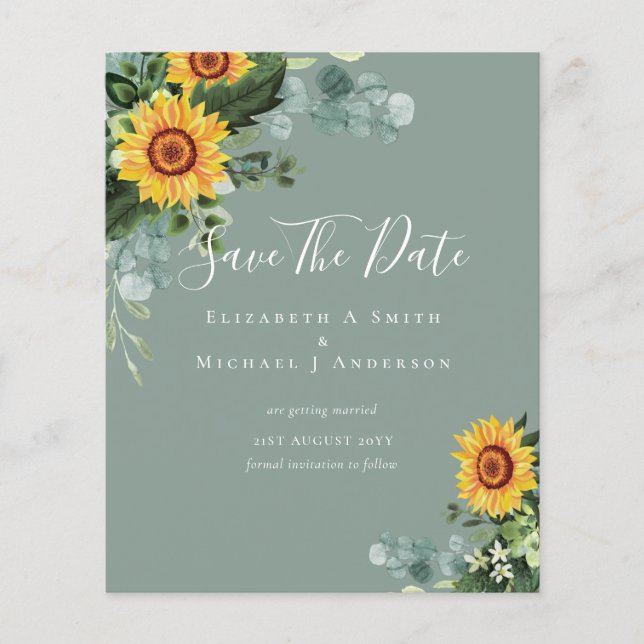 BUDGET Photo Spara Date Rustic SUNFLOWERS Greenery Flygblad (Framsidan)