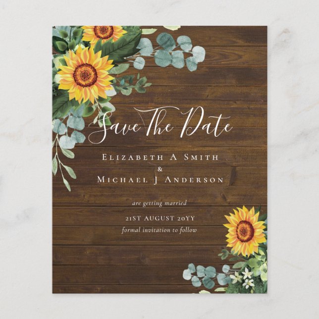 BUDGET Photo Spara Date Rustic SUNFLOWERS Greenery Flygblad (Framsidan)