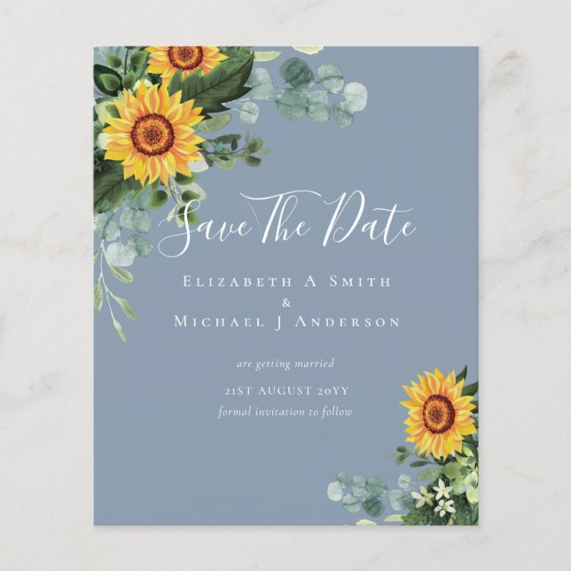 BUDGET Photo Spara Date Rustic SUNFLOWERS Greenery Flygblad (Framsidan)