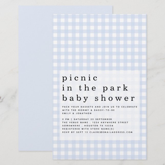 Budget Picnic Park Baby Shower Blue Gingham (Fram/baksida)