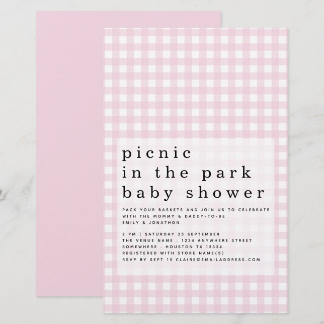 Budget Picnic Park Baby Shower Rosa Gingham Inbjud (Fram/baksida)
