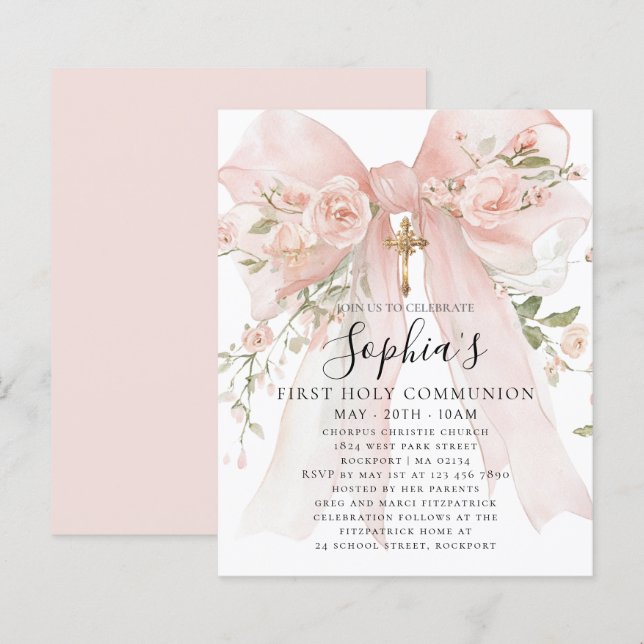 BUDGET Pink Bow Rose Floral First Communion Invite (Fram/baksida)