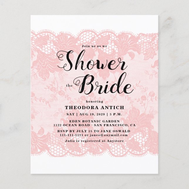 Budget Pink Lace Bridal Shower Invitation (Framsida)