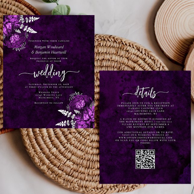 Budget Plum Silver Floral QR Code Wedding Invite (Skapare uppladdad)
