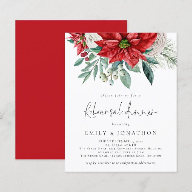 Budget Poinsettia QR Code Rehearsal Dinner inbjuda (Fram/baksida)
