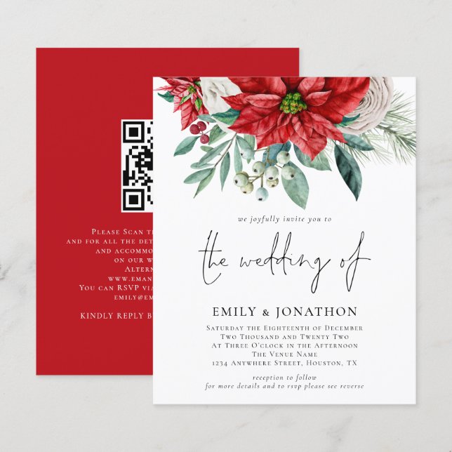 Budget Poinsettia QR Code Wedding bjudande (Fram/baksida)