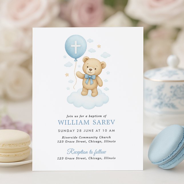 Budget Pojke Baptism-inbjudan med Teddy (Budget-friendly baptism invite with teddy and cross balloon – pastel tea party setup)