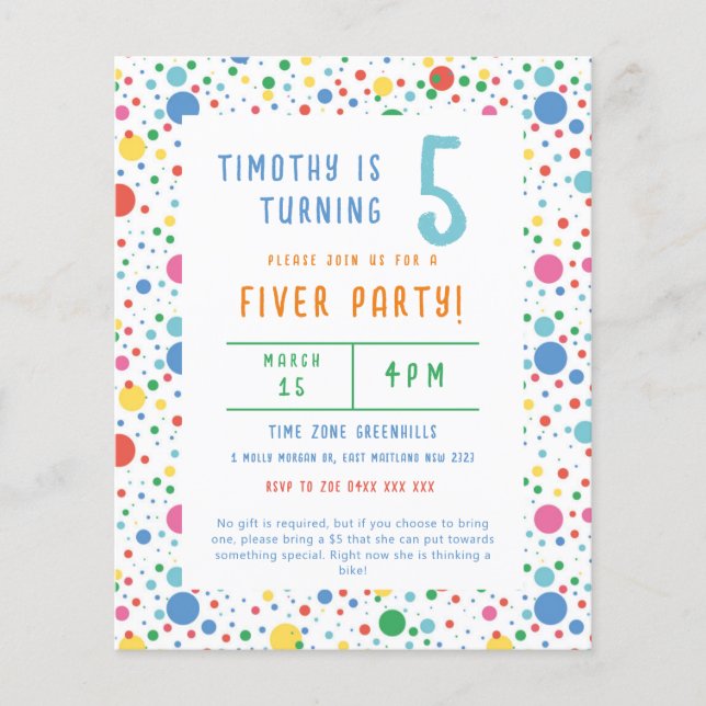 Budget Pokadot Fiver Party Birthday-inbjudan Flygblad (Framsidan)