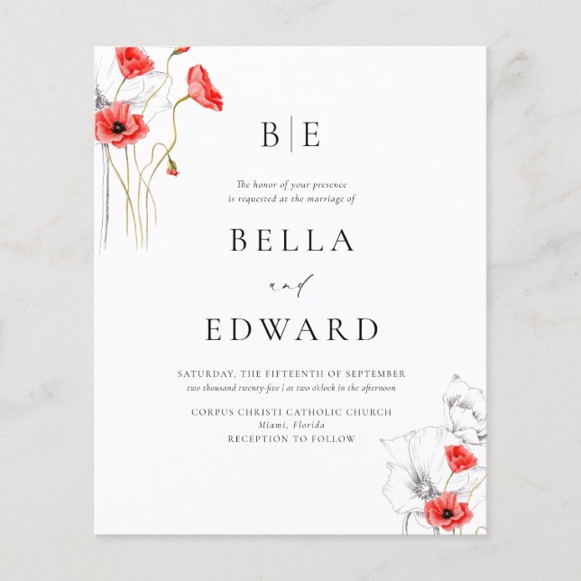 Budget Poppy Red Chic Blommigt Monogram Bröllop (Framsida)