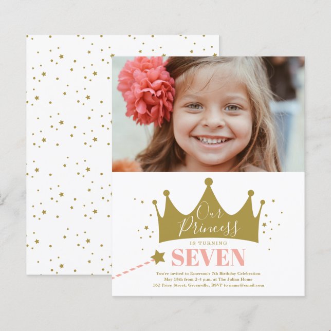 Budget Princess Rosa Modern Birthday-inbjudan (Fram/baksida)