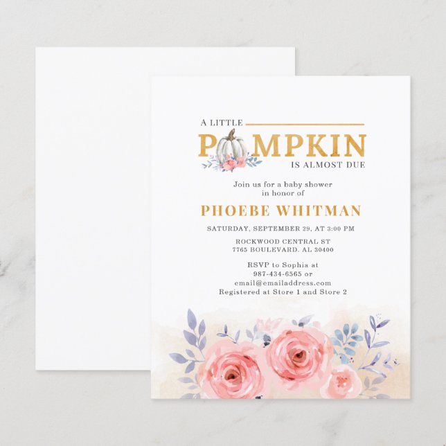 Budget Pumpa Baby Shower Rosa Rosor Inbjudan (Fram/baksida)