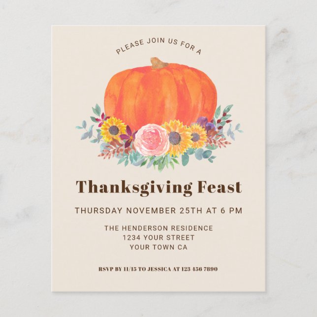 Budget Pumpa Thanksgiving Middagsinbjudan  (Framsida)