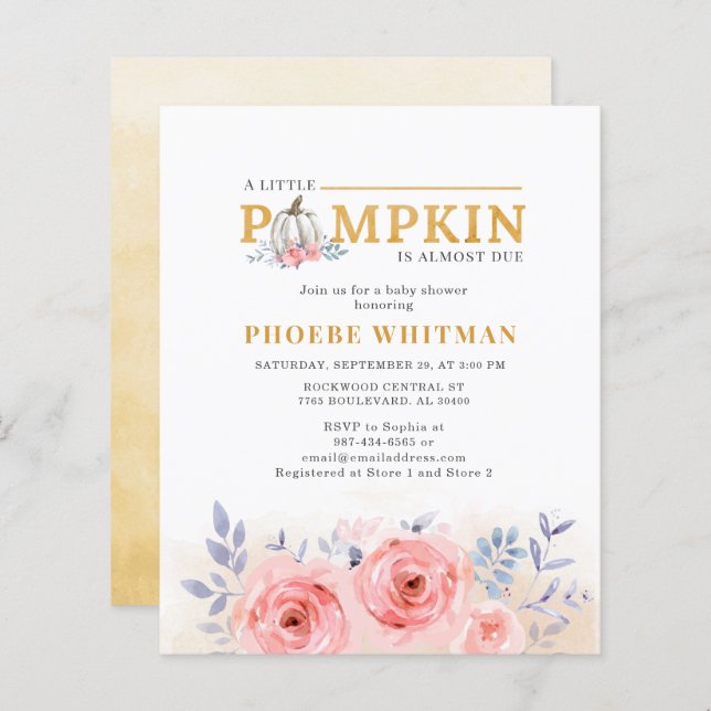 Budget Pumpkin Baby Shower Watercolor Rosa ros (Fram/baksida)