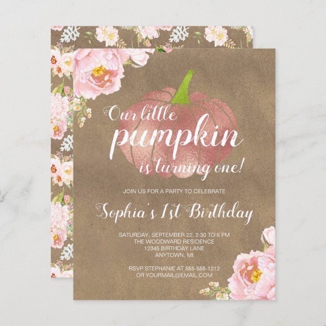 Budget Pumpkin Blommigt Girl 1:a födelsedagsinbjud (Fram/baksida)