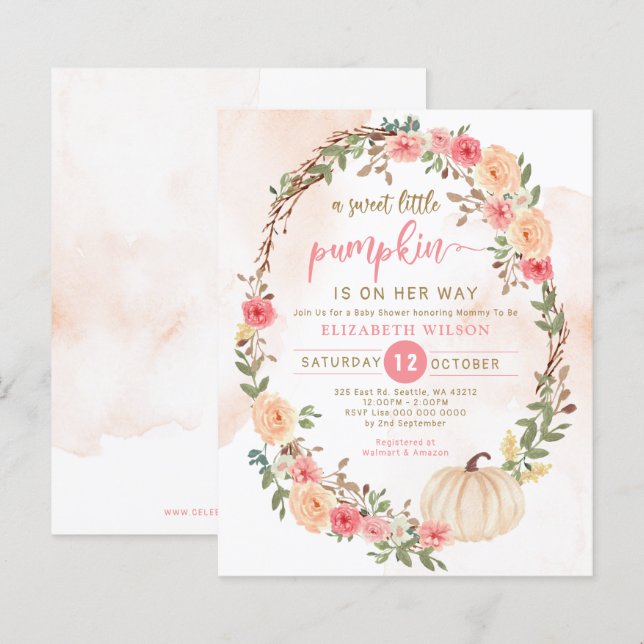 Budget Pumpkin Rosa Girl Baby Shower-inbjudan (Fram/baksida)