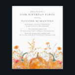 Budget Pumpkin Wildblomme 30års födelsedag-inbjuda<br><div class="desc">Pumpor är inkapslade i delikat guldfärgad gult och orange vilda blommor för att skapa en elegant estetisk. Hela texten är redigerbar så att du enkelt kan tränga in i ditt eget speciella humör.</div>