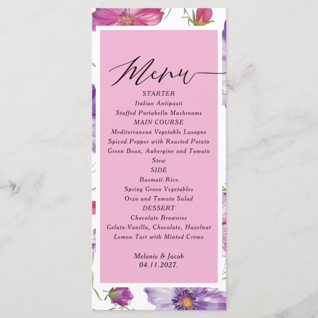 Budget Purple and Pink Floral Wedding  Menu Meny (Framsida)