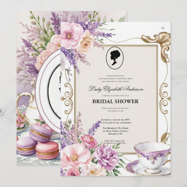 Budget Purple Florals Bridgerton Bridal Shower Inbjudningar (Fram/baksida)
