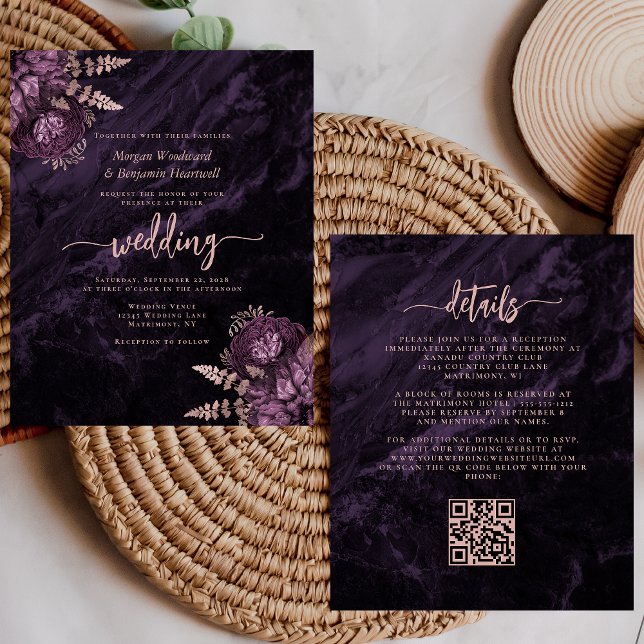 Budget Purple Rose Gold Floral QR Code Wedding (Skapare uppladdad)