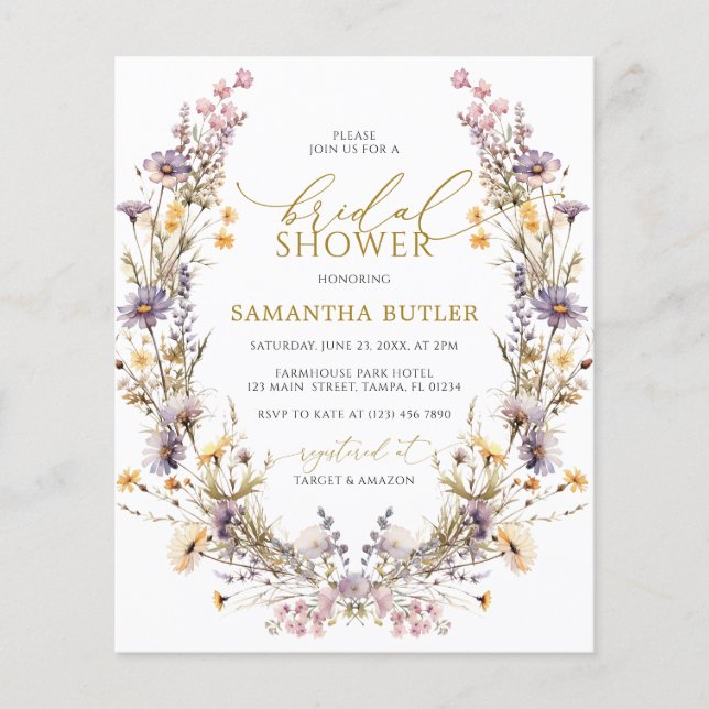 Budget Purple Wildflowers Bridal Shower Invitation (Framsida)