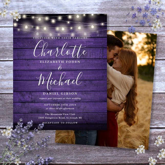 Budget Purpur Rustika Ljus Foto Bröllopsinbjudan (Budget Purple Rustic Lights Photo Wedding Invite)