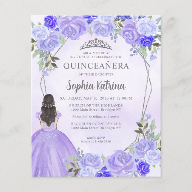 Budget Purpur Silver Blommig Princess Quinceañera (Framsida)